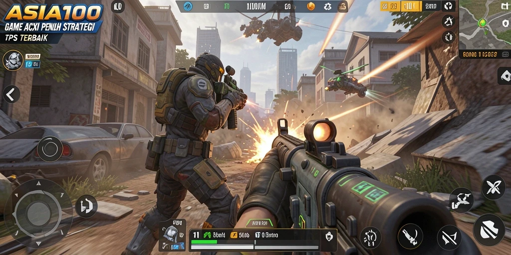 Gameplay ASIA100 menampilkan aksi tembak-menembak yang mendebarkan di medan perang.