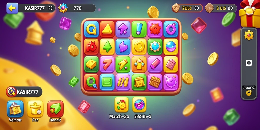 Tampilan gameplay seru di KASIR777, permainan Match-3 penuh warna.