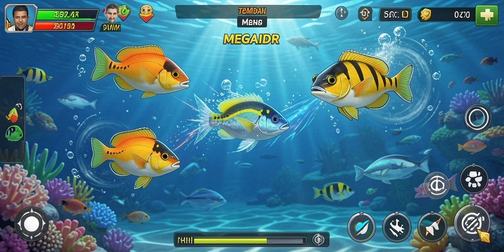 Tangkapan layar gameplay MEGAIDR yang seru menembak ikan.